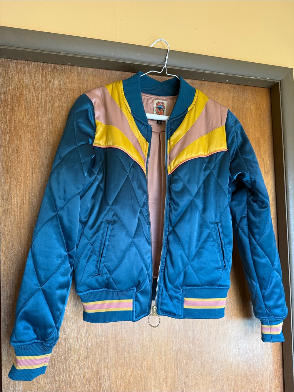 CRC ⚡️ Classic Rock Couture Teal Quilted Bomber Jacket with Yellow & Pink Yoke